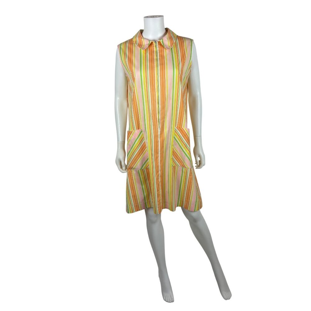 Vintage 60s Pastel Stripe Dress Womens Large Zip Up Hip Pockets Shift Housedress